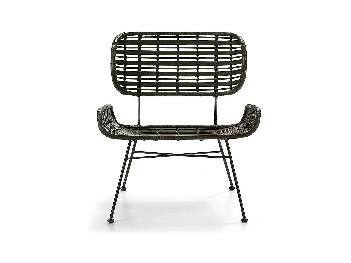 Fauteuil osier tissé vert foncé et pieds métal