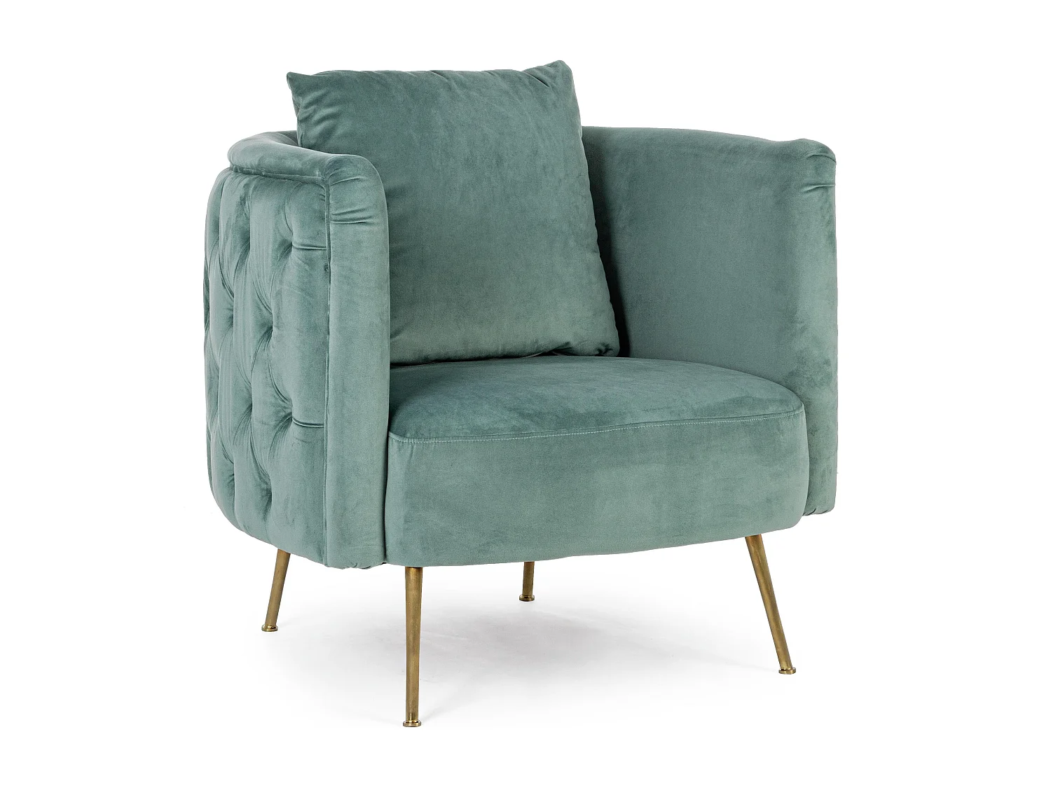 Design fauteuil gecapitonneerd met watergroene en gouden poten Tanka 83 cm
