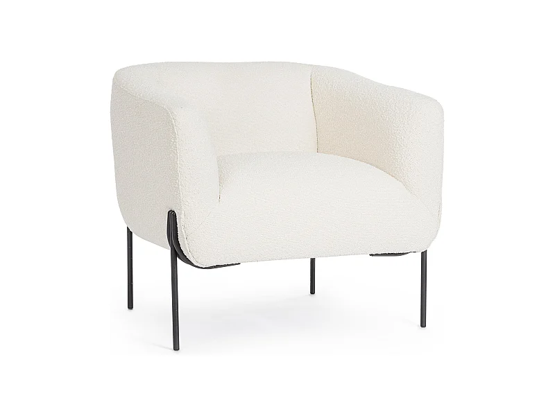 Fauteuil moderne tissu doux bouclé blanc et pieds acier noir Klody 78cm