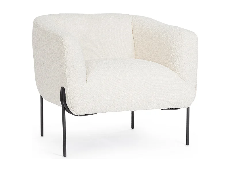 Fauteuil moderne tissu doux bouclé blanc et pieds acier noir Klody 78cm
