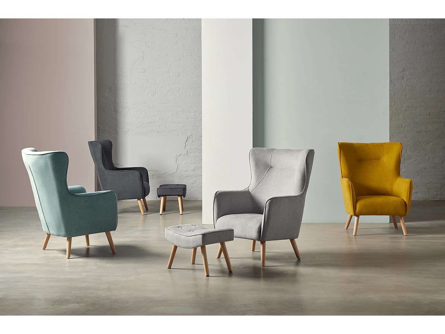 Fauteuil moderne dossier haut tissu jaune moutarde Muky 77cm