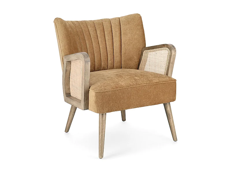 Rucha fauteuil van natuurlijk hout en rotan mosterdfluwelen zitting 64 cm