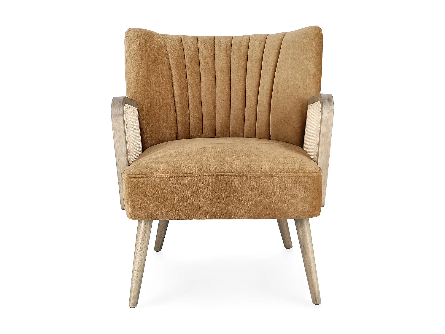 Fauteuil en bois naturel et rotin assise velours moutarde Rucha 64cm