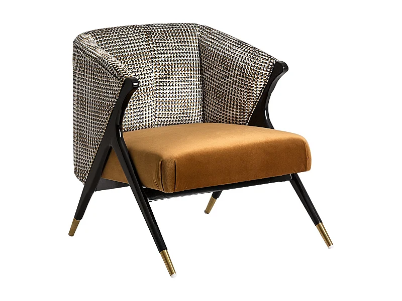 Fauteuil velours moutarde et bois d'hévéa noir Bari 72cm