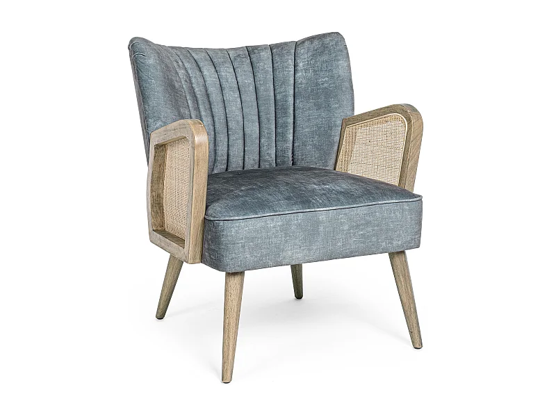 Fauteuil en bois naturel et rotin assise velours bleu Rucha 64cm