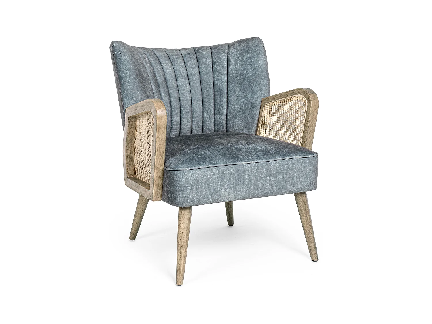 Fauteuil en bois naturel et rotin assise velours bleu Rucha 64cm