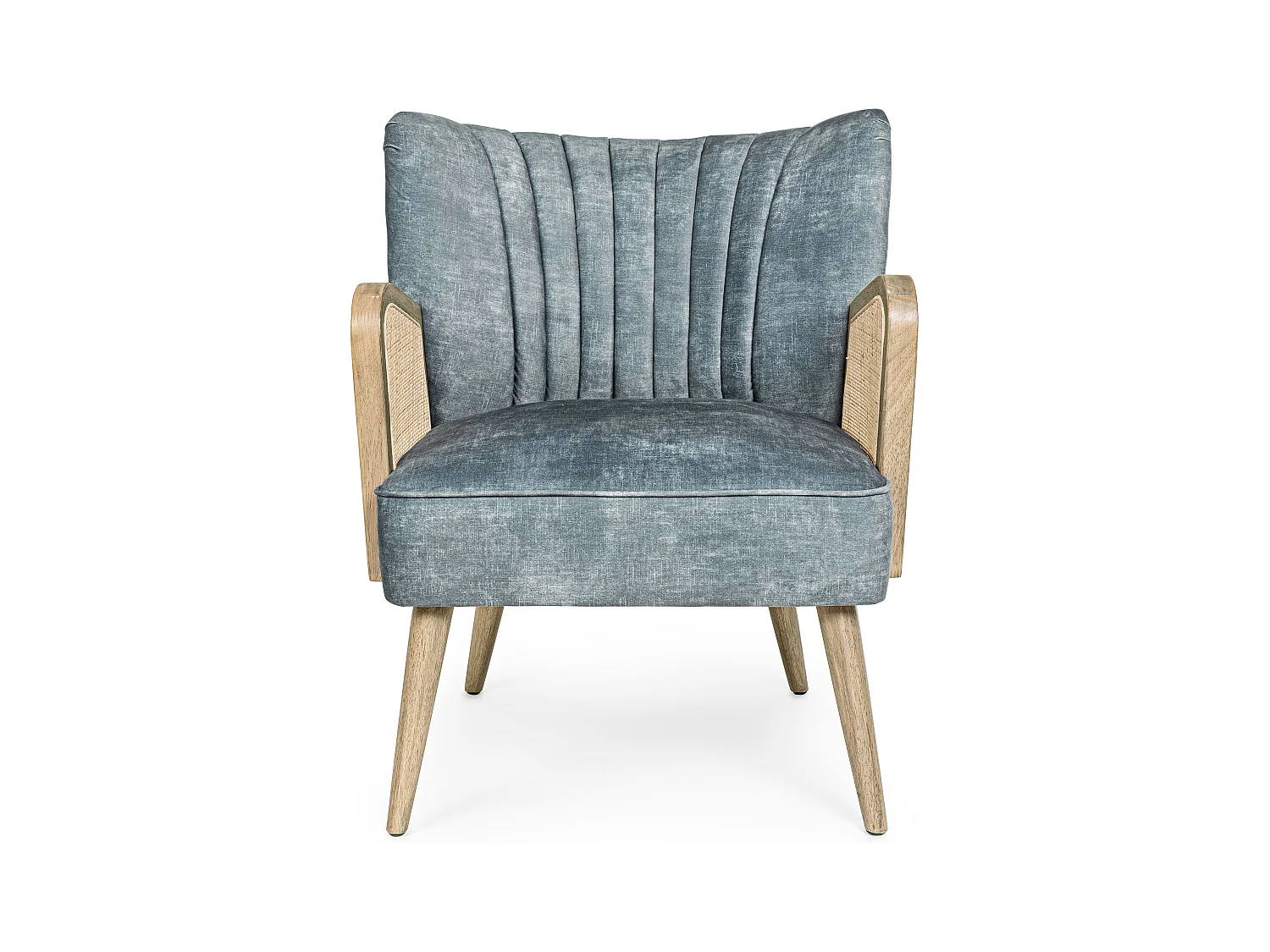 Fauteuil en bois naturel et rotin assise velours bleu Rucha 64cm
