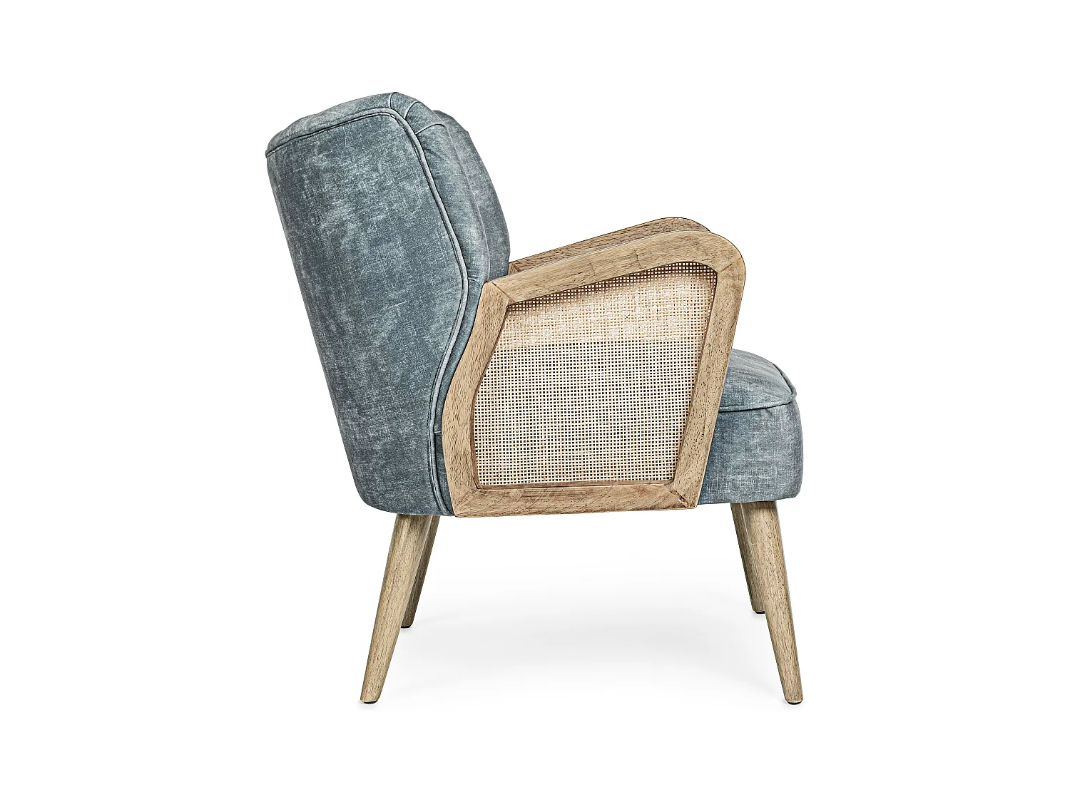 Fauteuil en bois naturel et rotin assise velours bleu Rucha 64cm