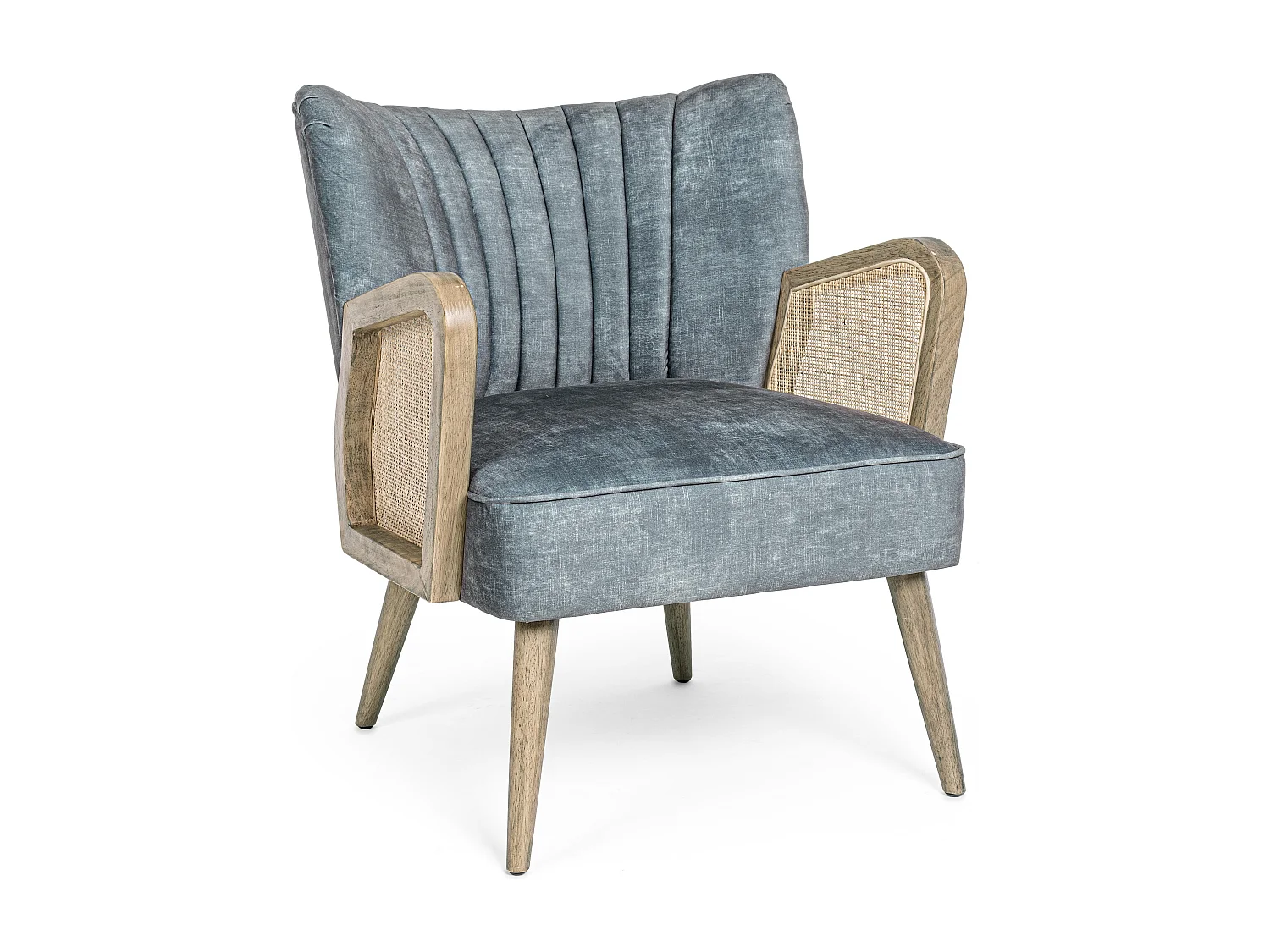 Fauteuil en bois naturel et rotin assise velours bleu Rucha 64cm