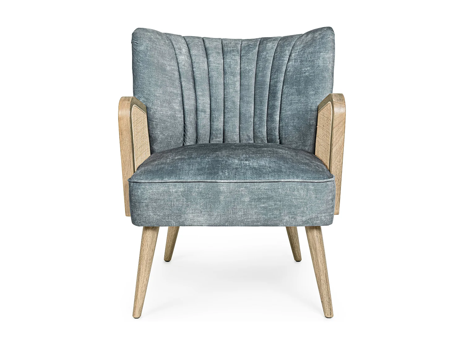 Fauteuil en bois naturel et rotin assise velours bleu Rucha 64cm