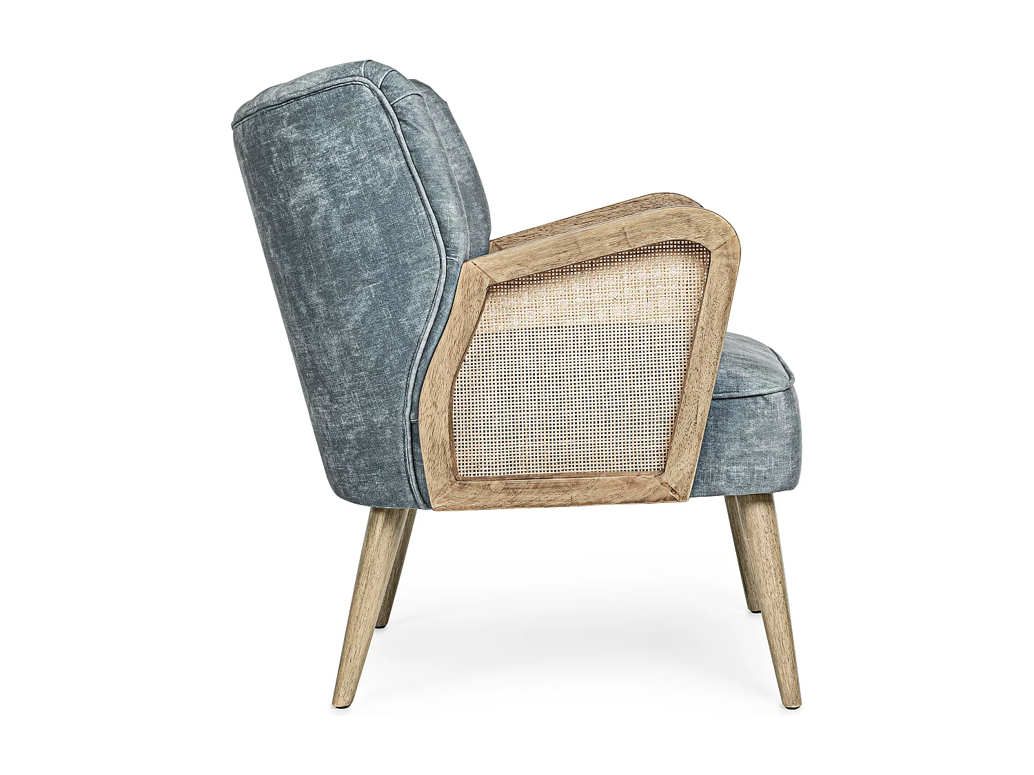 Fauteuil en bois naturel et rotin assise velours bleu Rucha 64cm