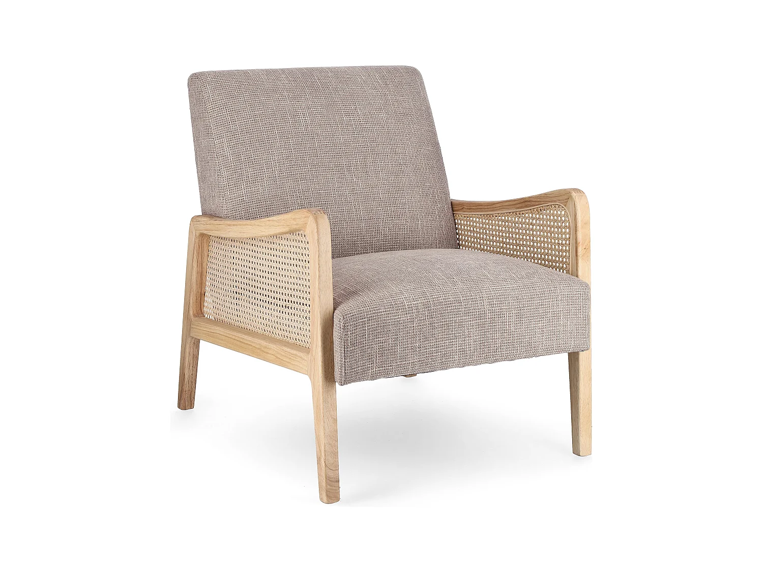 Fauteuil en bois de pin et rotin assise tissu gris Denvar 68cm