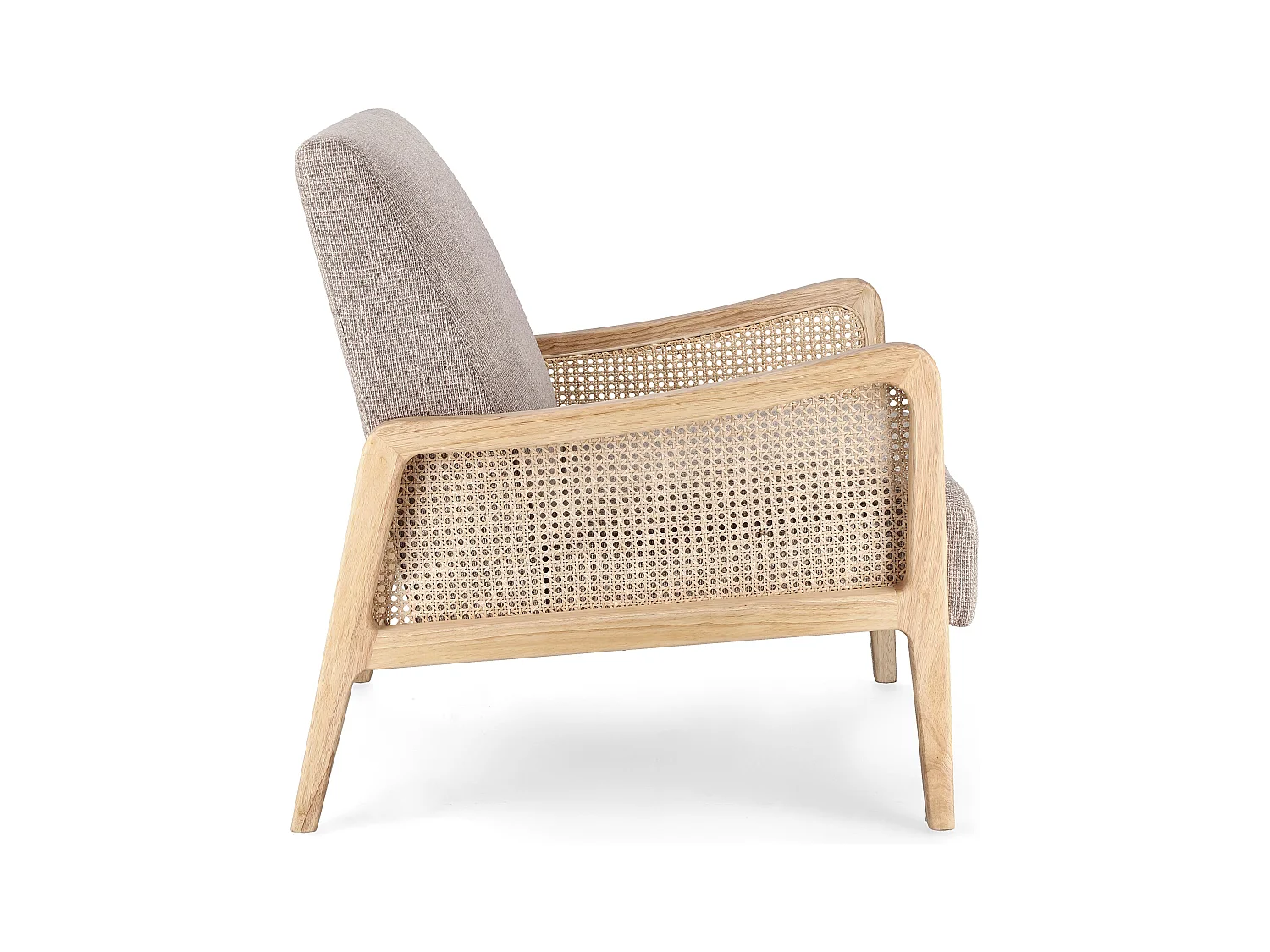 Fauteuil en bois de pin et rotin assise tissu gris Denvar 68cm