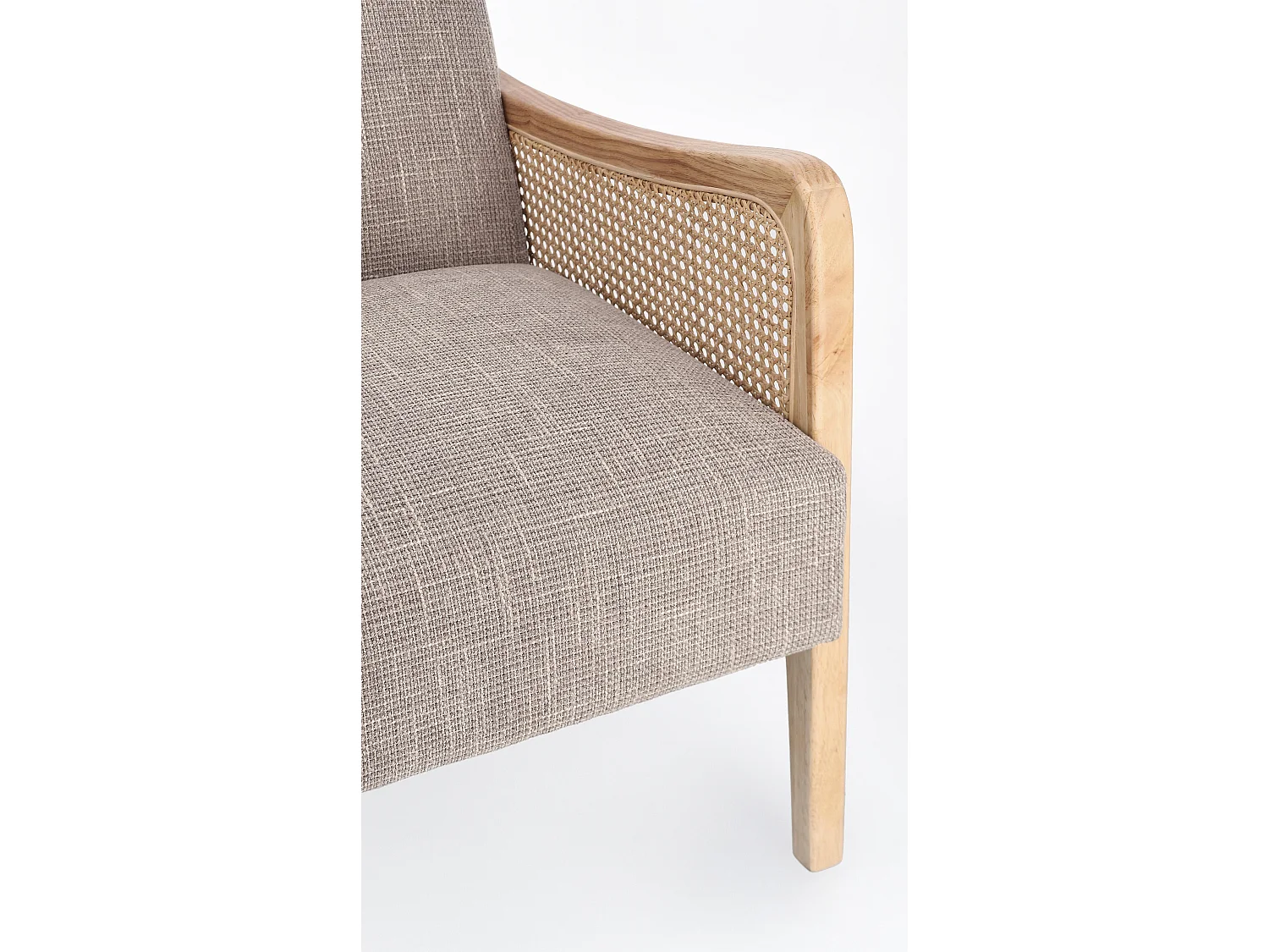 Fauteuil en bois de pin et rotin assise tissu gris Denvar 68cm