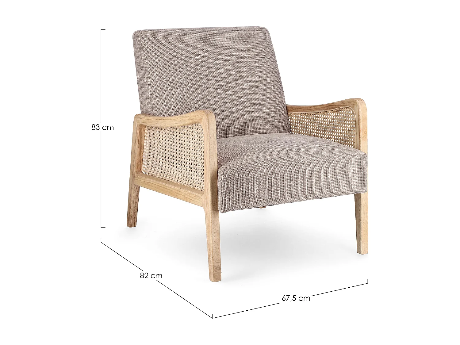 Fauteuil en bois de pin et rotin assise tissu gris Denvar 68cm