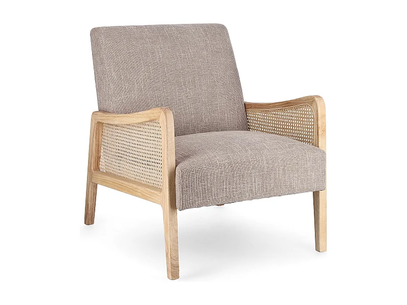Fauteuil en bois de pin et rotin assise tissu gris Denvar 68cm