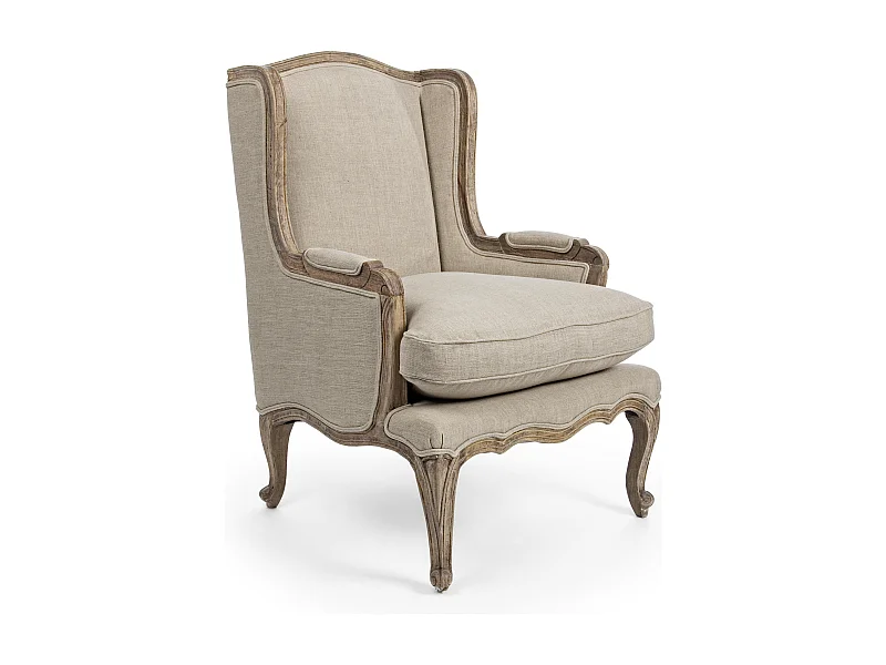 Fauteuil en lin beige et pieds en bois de manguier Mara