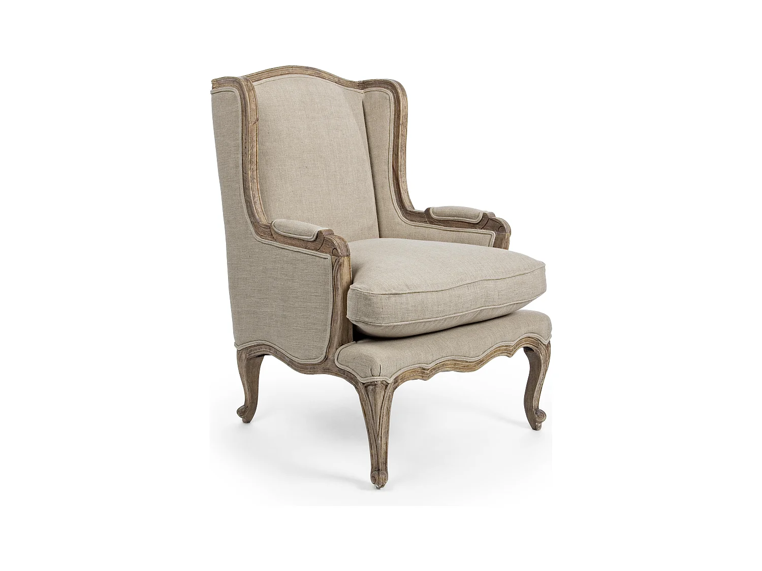 Fauteuil en lin beige et pieds en bois de manguier Mara
