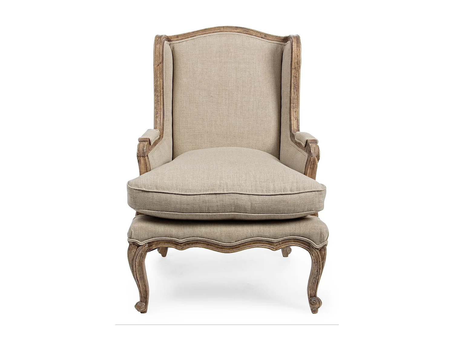 Fauteuil en lin beige et pieds en bois de manguier Mara