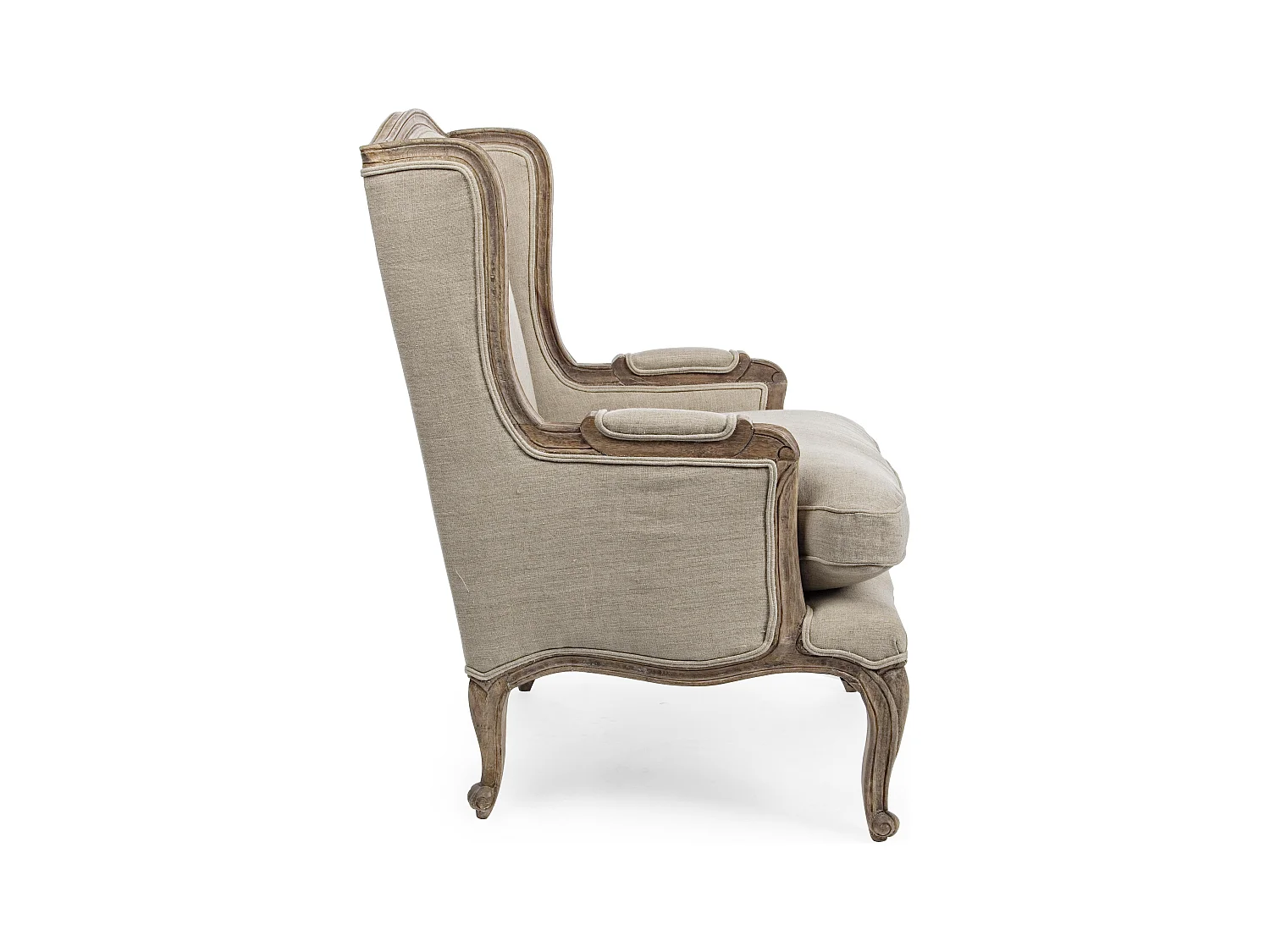 Fauteuil en lin beige et pieds en bois de manguier Mara