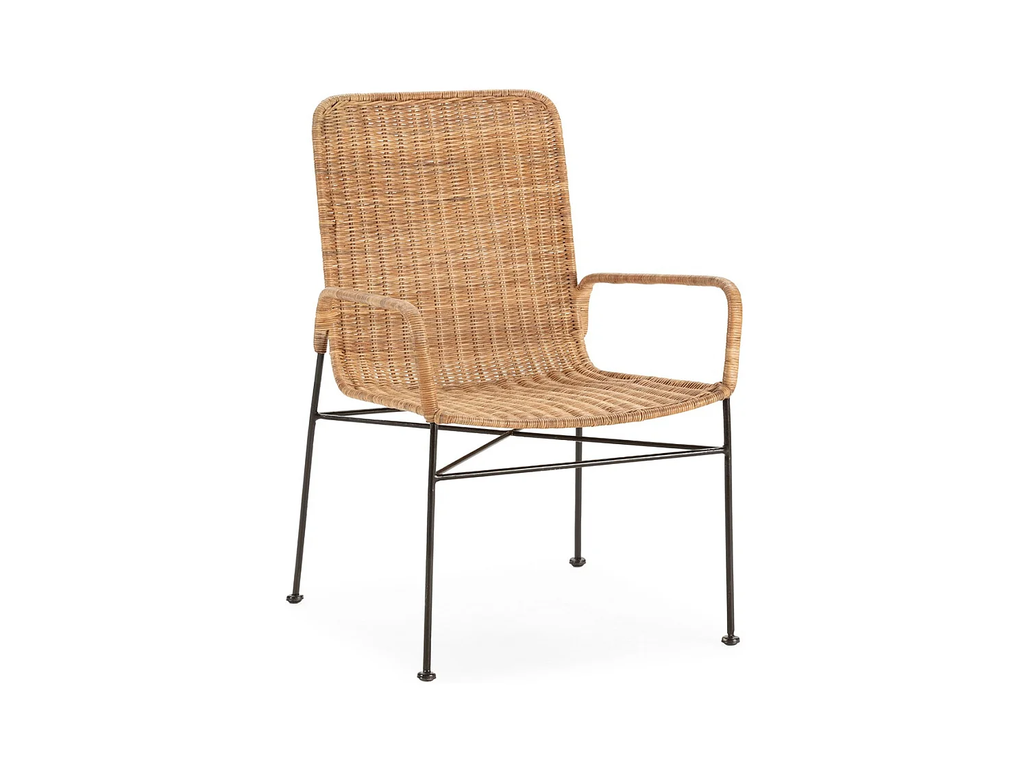 DRIZO design fauteuil in natuurlijk riet met zwarte metalen poten – binnen en buiten