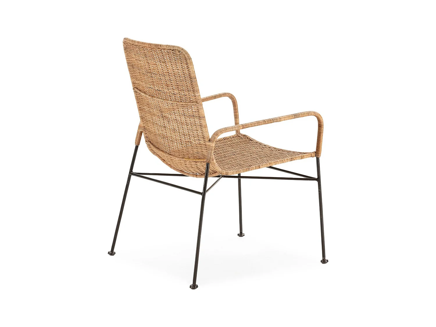 DRIZO design fauteuil in natuurlijk riet met zwarte metalen poten – binnen en buiten