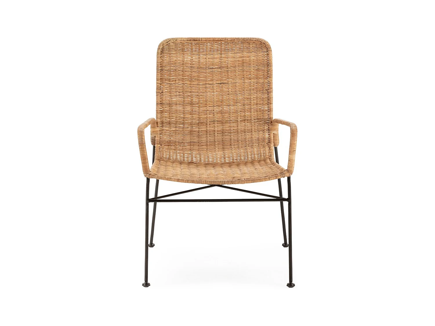 DRIZO design fauteuil in natuurlijk riet met zwarte metalen poten – binnen en buiten