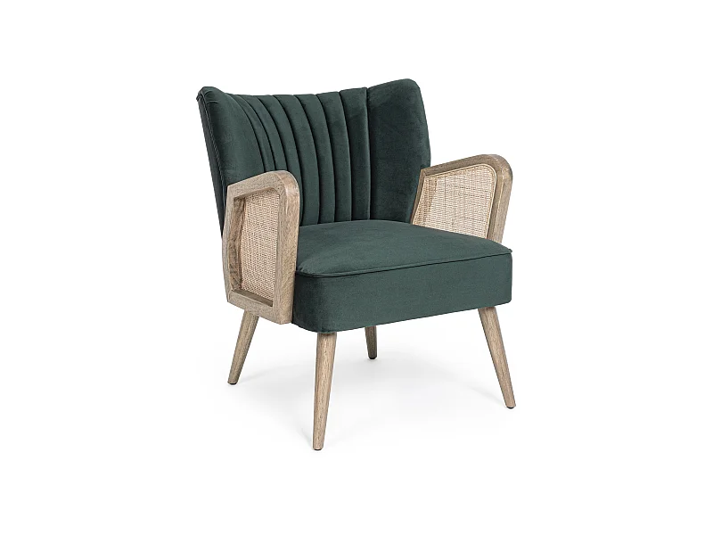 Rucha fauteuil van natuurlijk hout en rotan met groen fluwelen zitting 64 cm