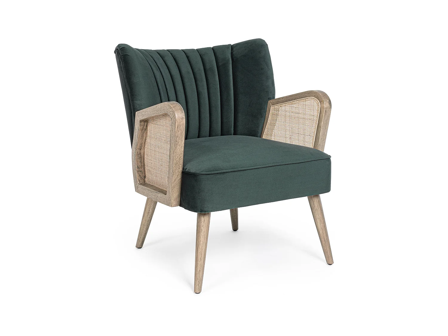 Rucha fauteuil van natuurlijk hout en rotan met groen fluwelen zitting 64 cm