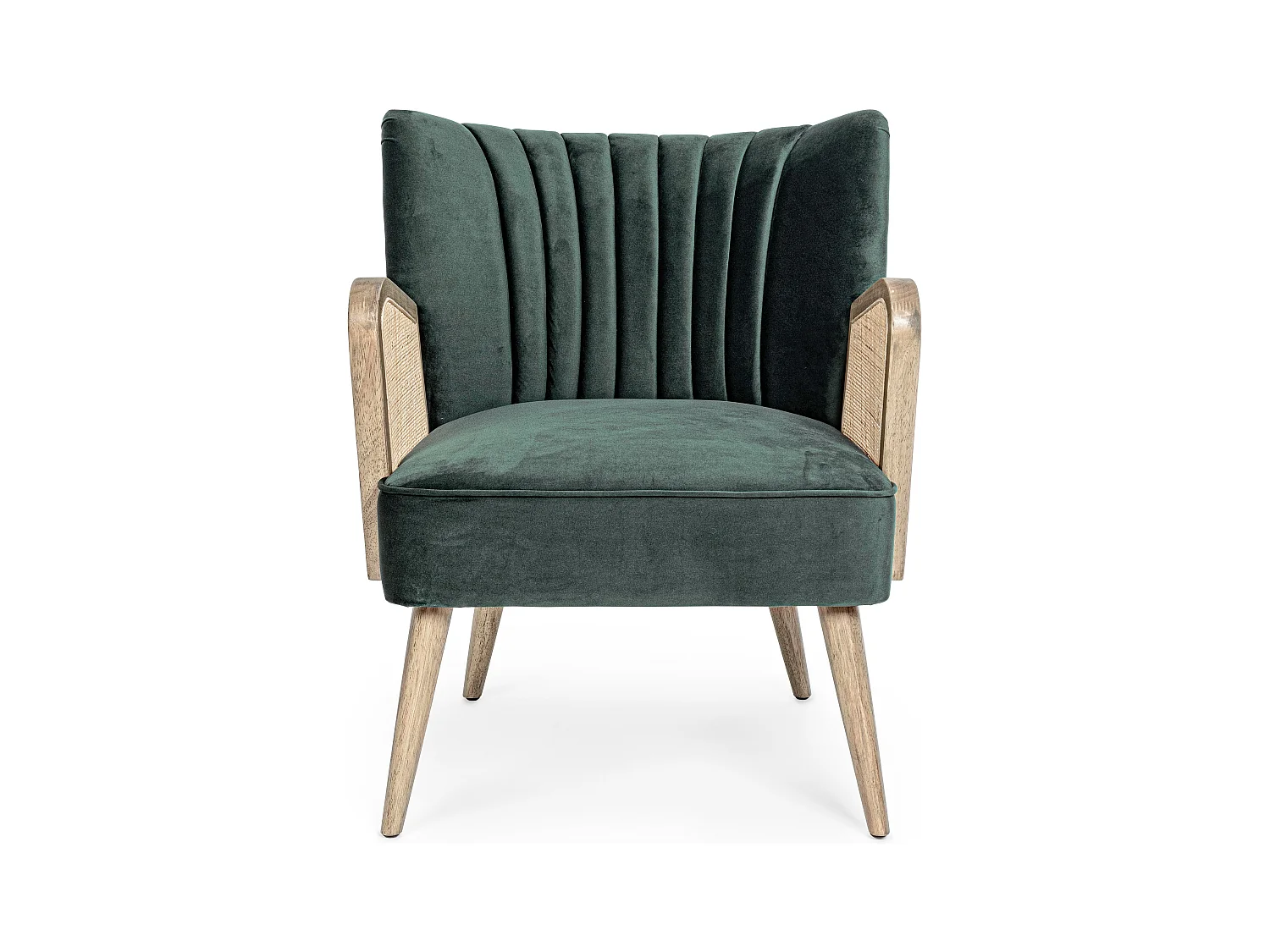 Rucha fauteuil van natuurlijk hout en rotan met groen fluwelen zitting 64 cm