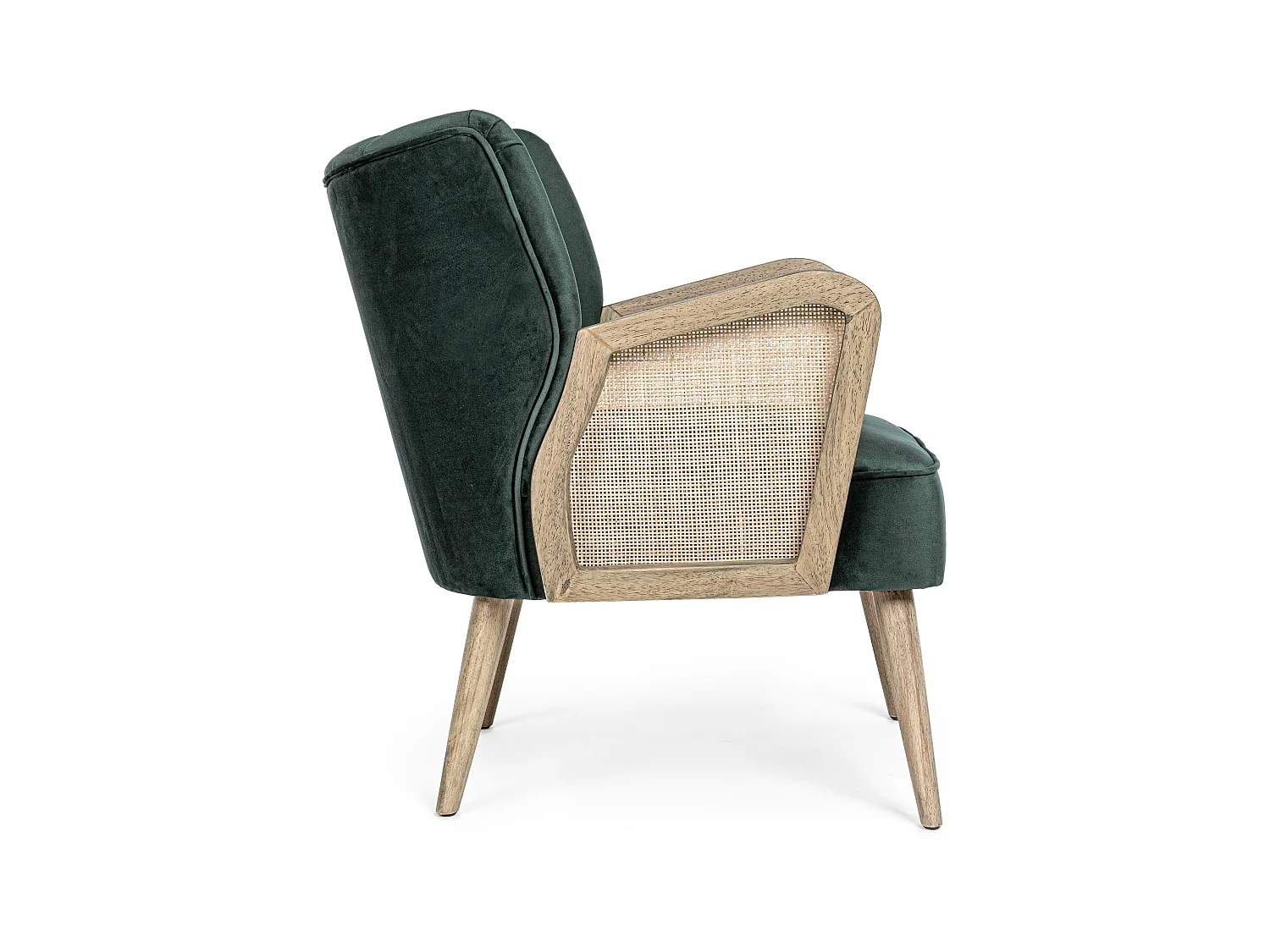 Rucha fauteuil van natuurlijk hout en rotan met groen fluwelen zitting 64 cm