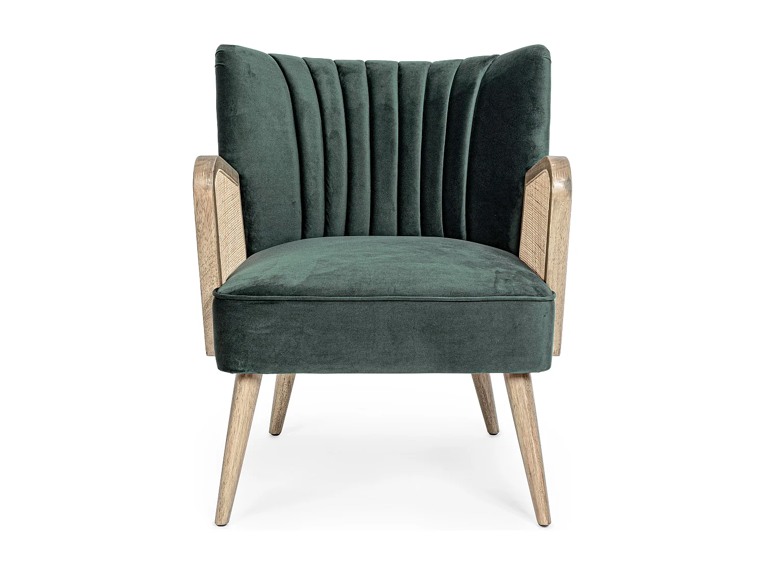 Fauteuil en bois naturel et rotin assise velours vert Rucha 64cm