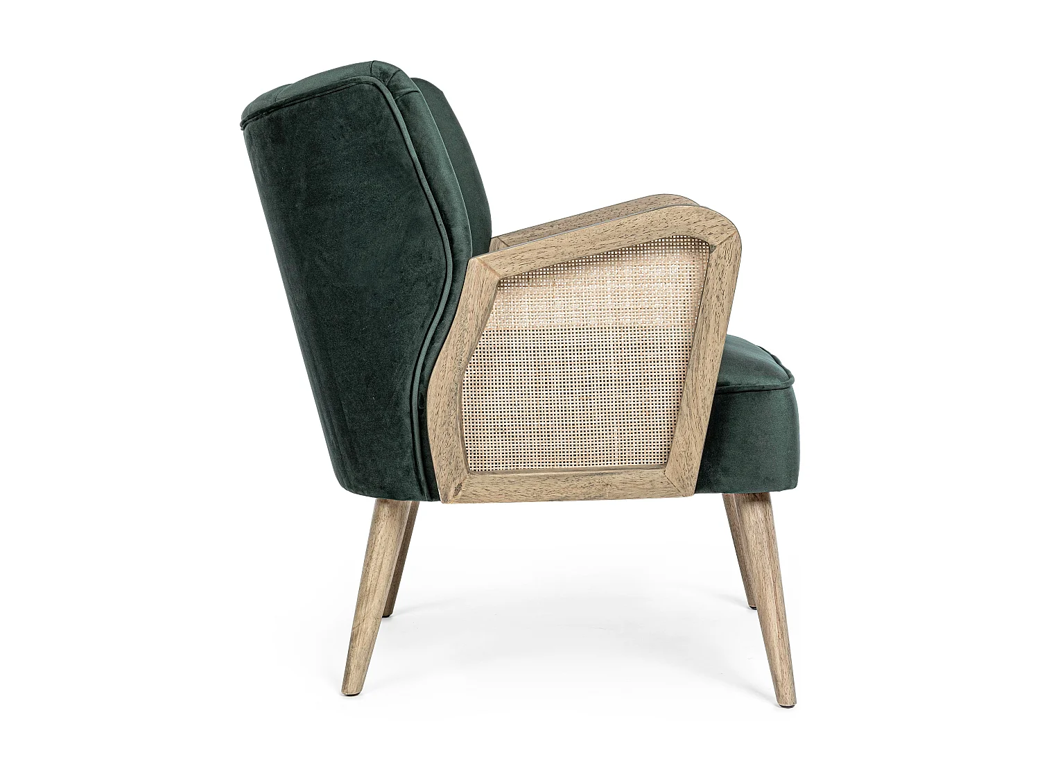 Fauteuil en bois naturel et rotin assise velours vert Rucha 64cm