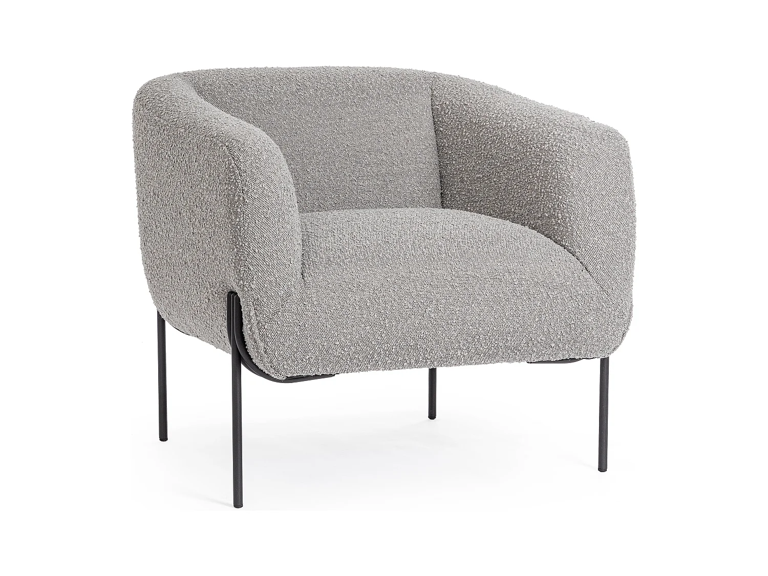 Fauteuil moderne tissu doux bouclé gris et pieds acier noir Klody 78cm