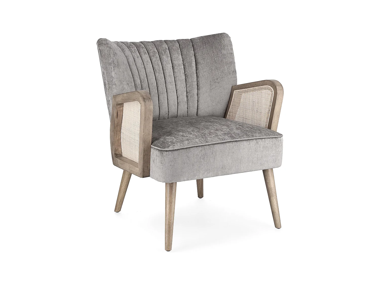 Fauteuil en bois naturel et rotin assise velours gris Rucha 64cm