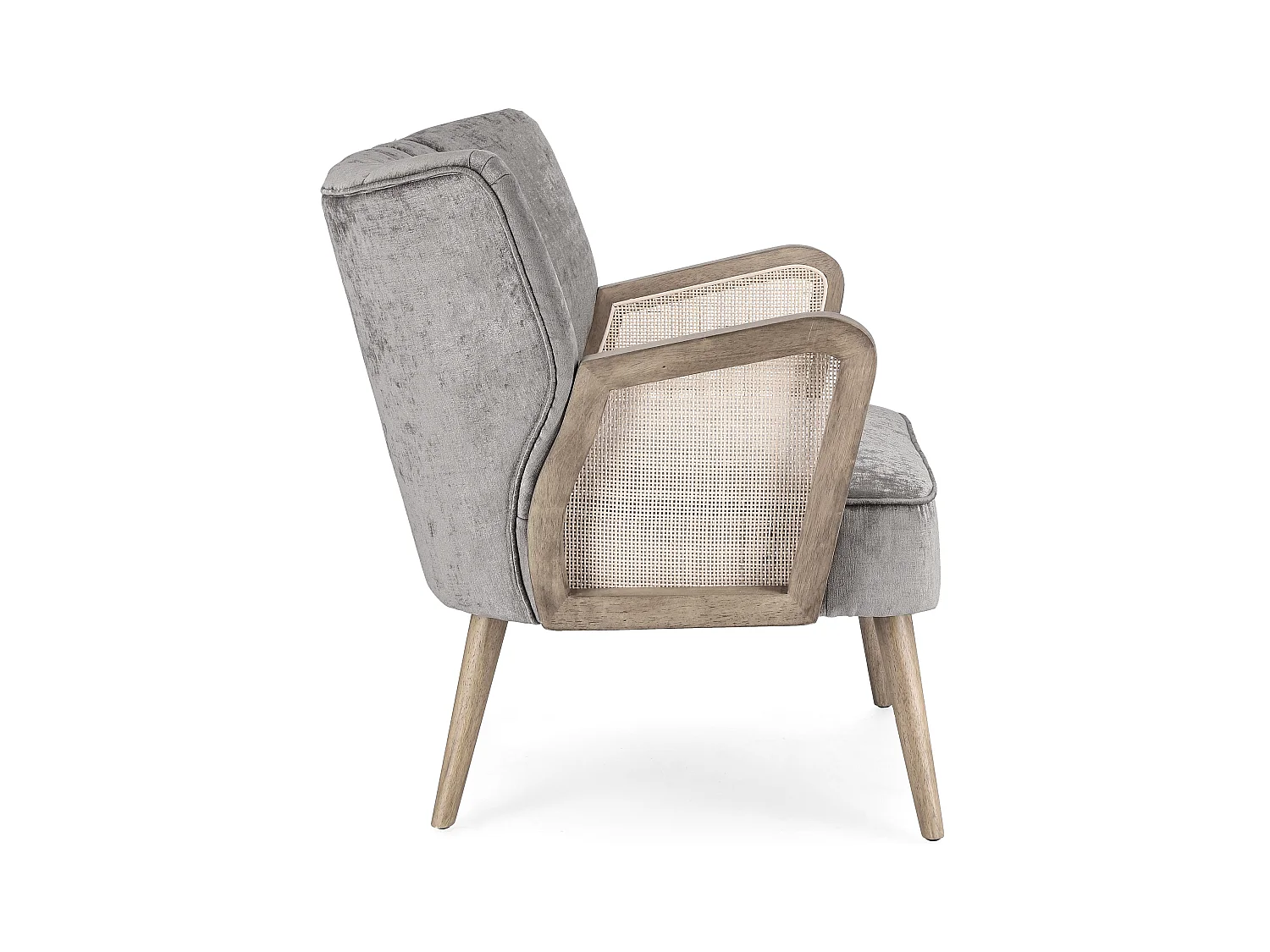 Fauteuil en bois naturel et rotin assise velours gris Rucha 64cm