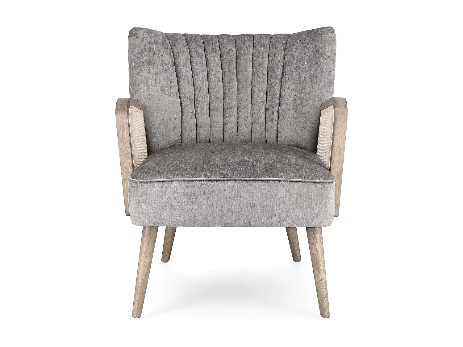 Fauteuil en bois naturel et rotin assise velours gris Rucha 64cm