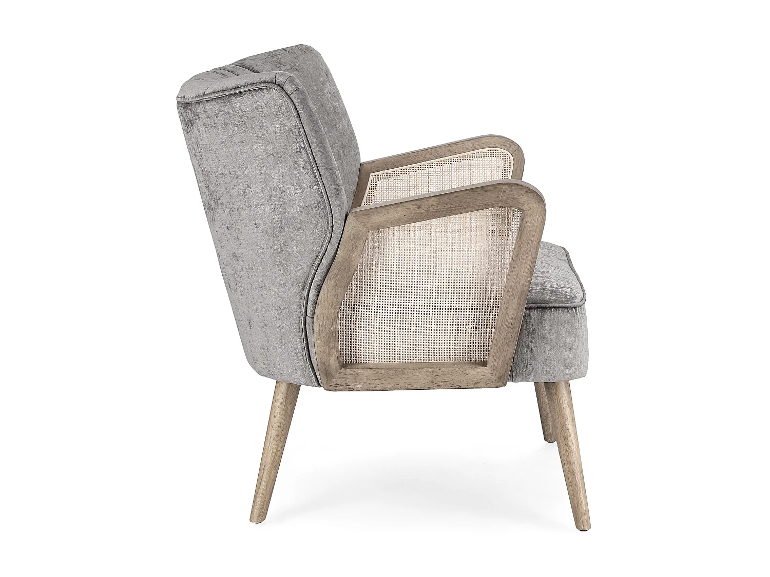 Fauteuil en bois naturel et rotin assise velours gris Rucha 64cm