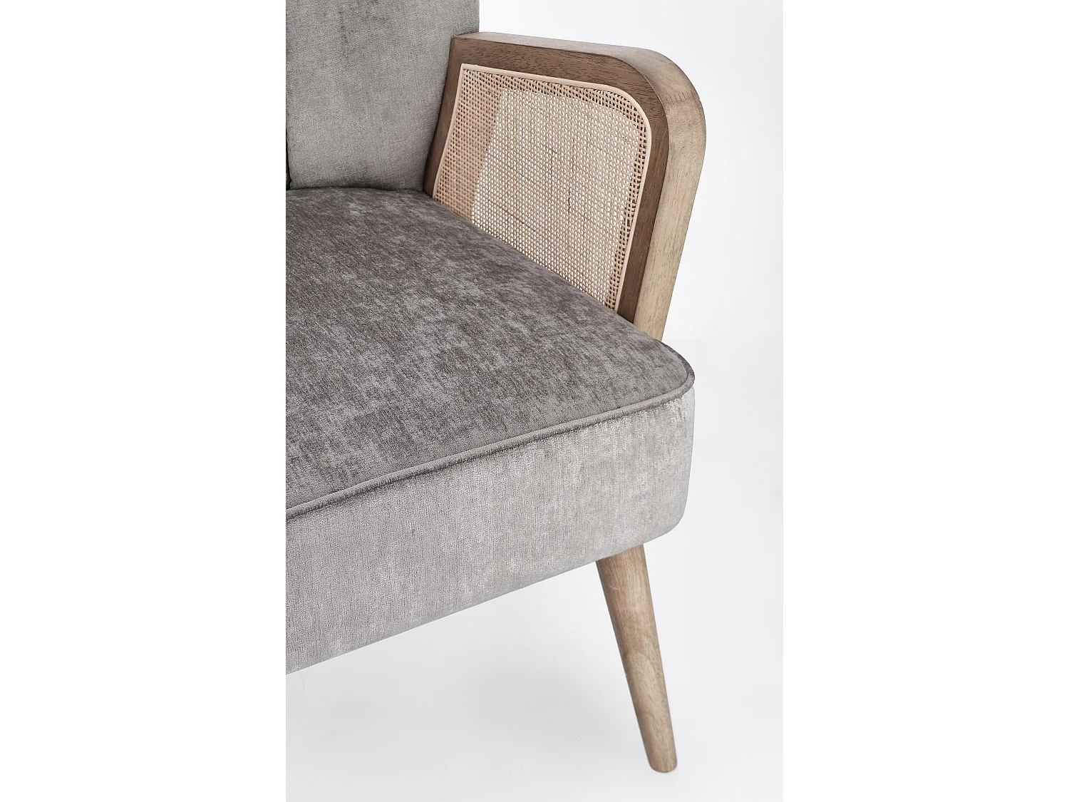 Fauteuil en bois naturel et rotin assise velours gris Rucha 64cm