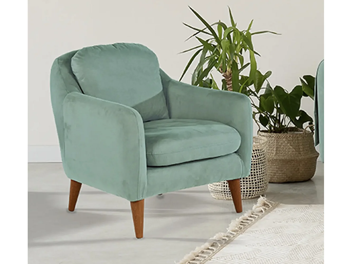 Fauteuil tissu vert clair et pieds bois naturel Shekal 71cm