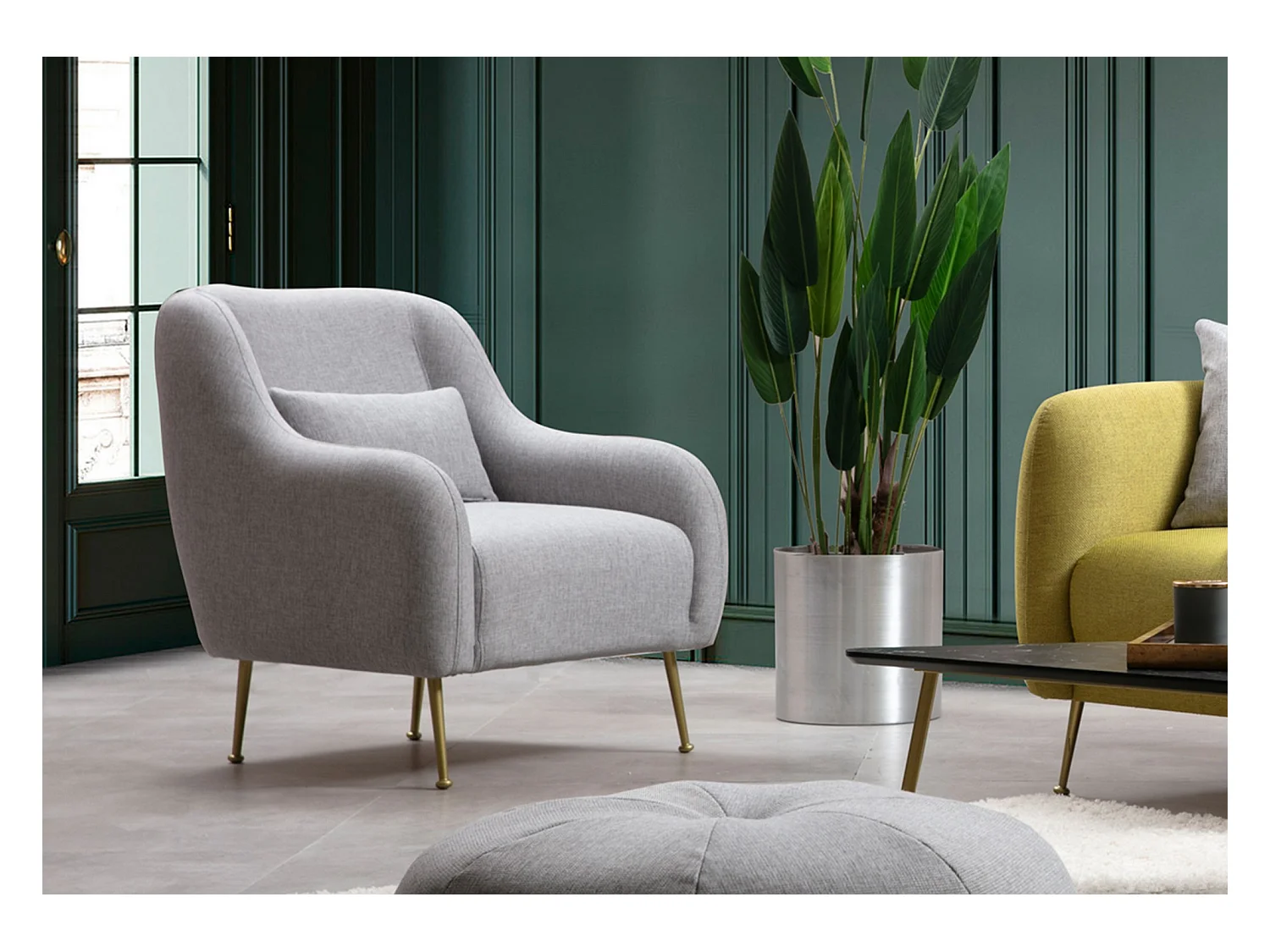 Fauteuil moderne tissu gris et piéds métal doré Kezila 78cm