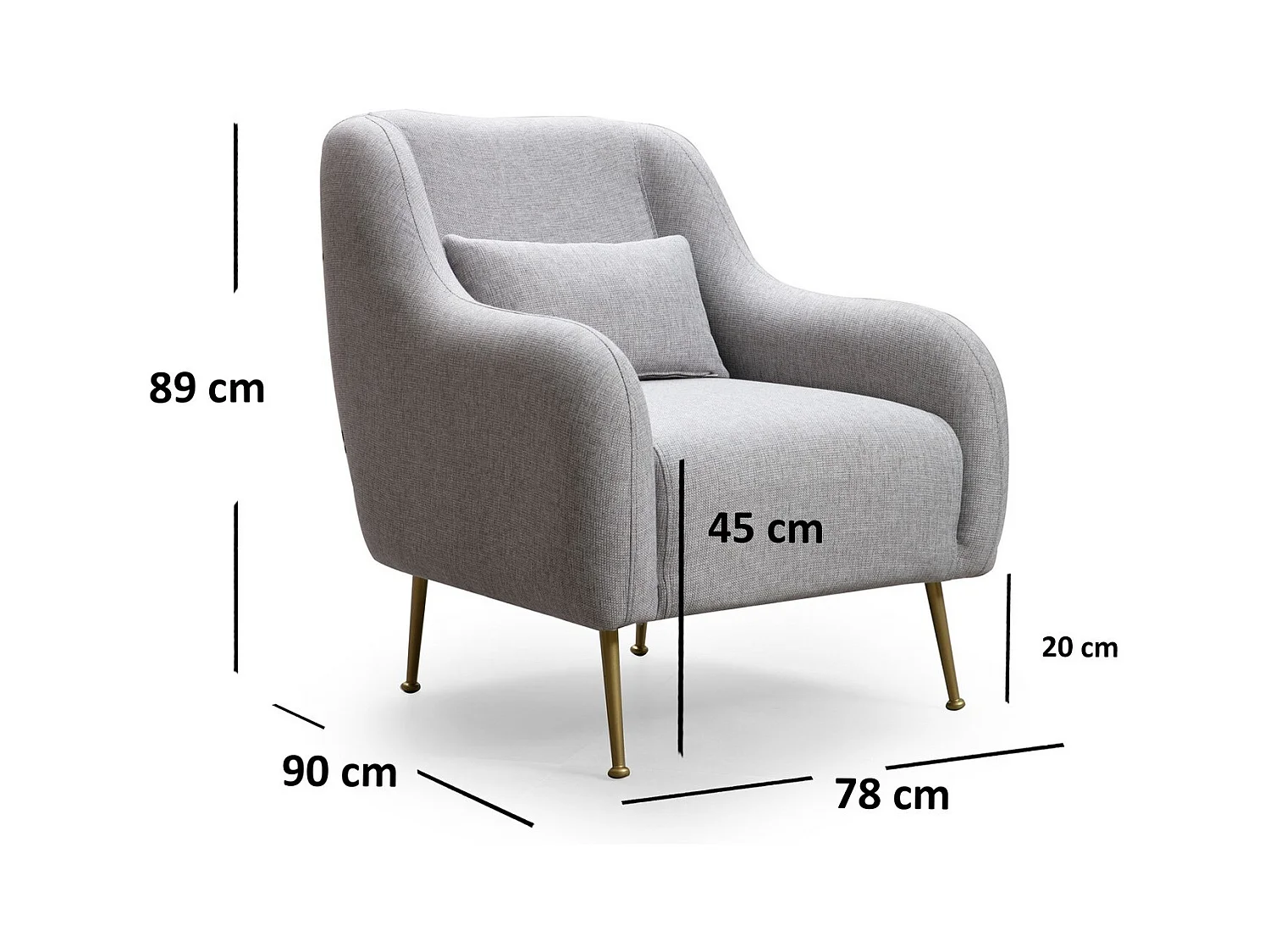 Fauteuil moderne tissu gris et piéds métal doré Kezila 78cm