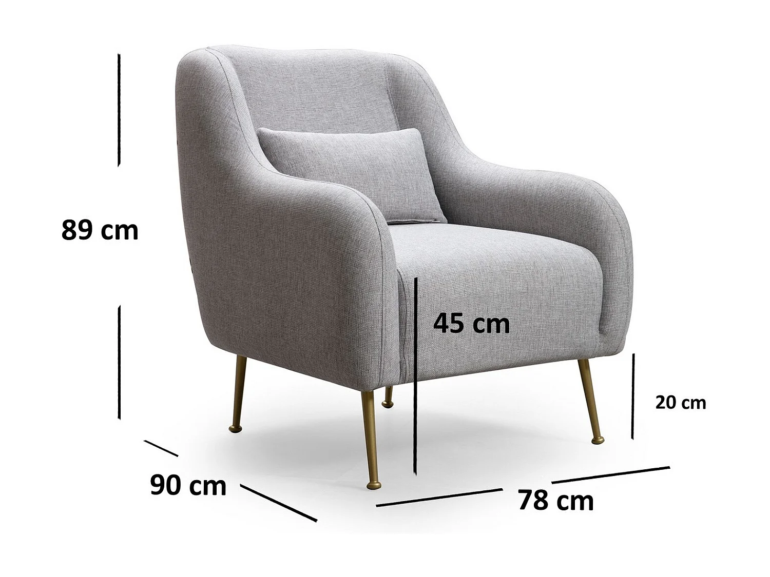 Fauteuil moderne tissu gris et piéds métal doré Kezila 78cm