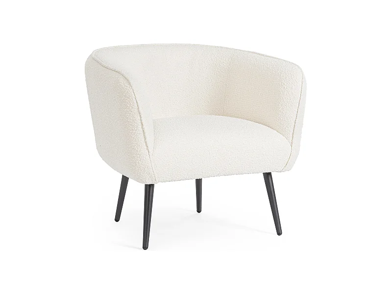Fauteuil moderne tissu doux bouclé blanc et pieds acier noir Kadole 76cm