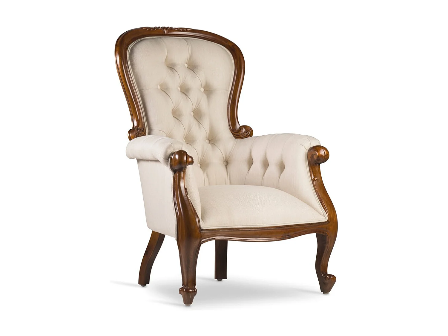 Fauteuil en bois d'acajou marron et assise tissu beige Castle