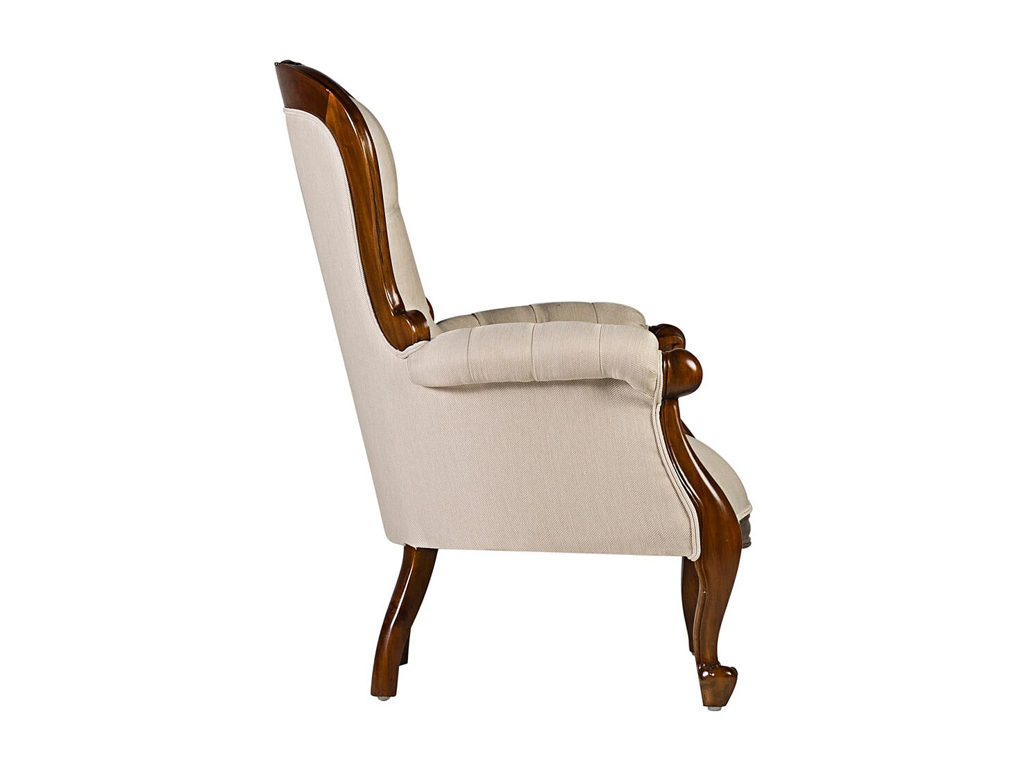 Fauteuil en bois d'acajou marron et assise tissu beige Castle