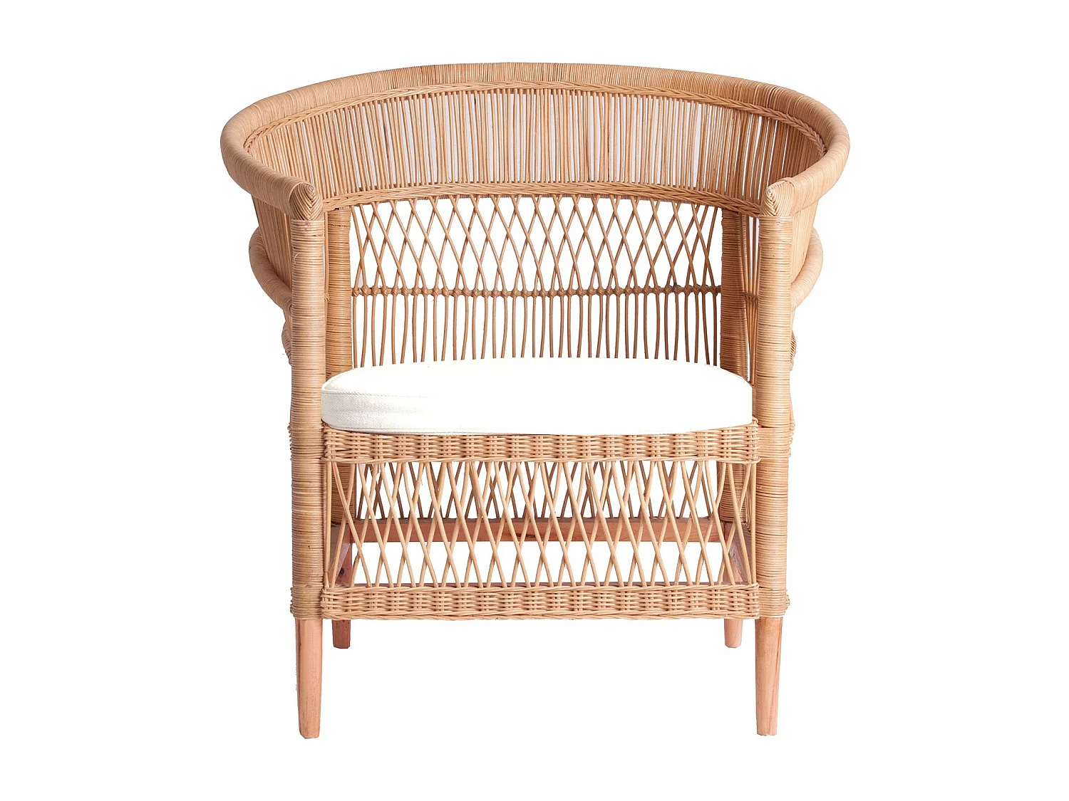 Sillón de ratán claro y asiento de tela de algodón blanco Laniih