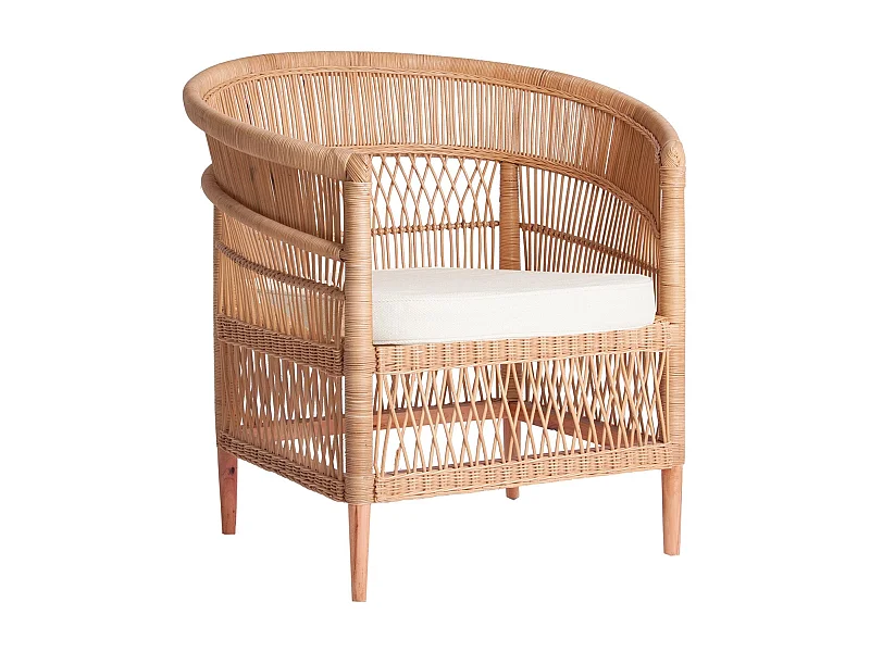 Sillón de ratán claro y asiento de tela de algodón blanco Laniih