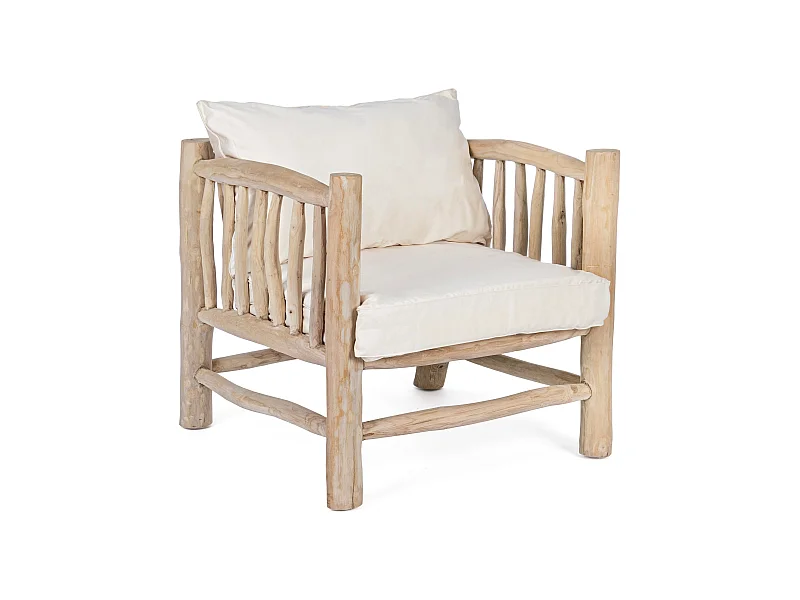 Fauteuil en bois teck naturel avec coussin blanc Sary