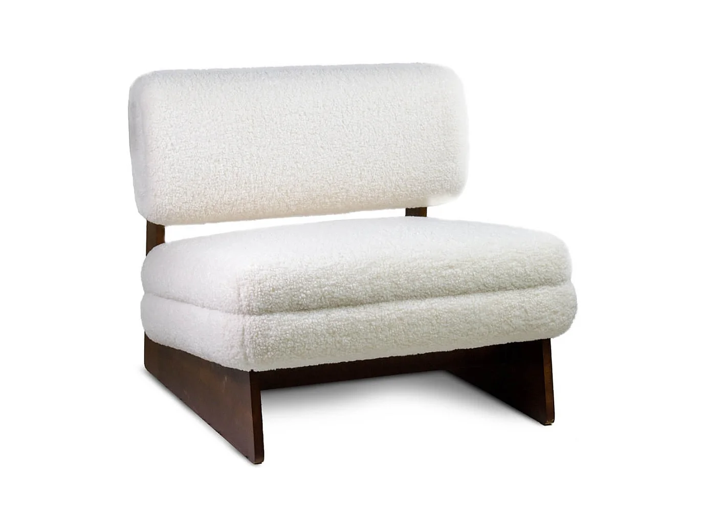 Fauteuil design en laine à bouclettes blanc cassé et bois de pin marron Orika